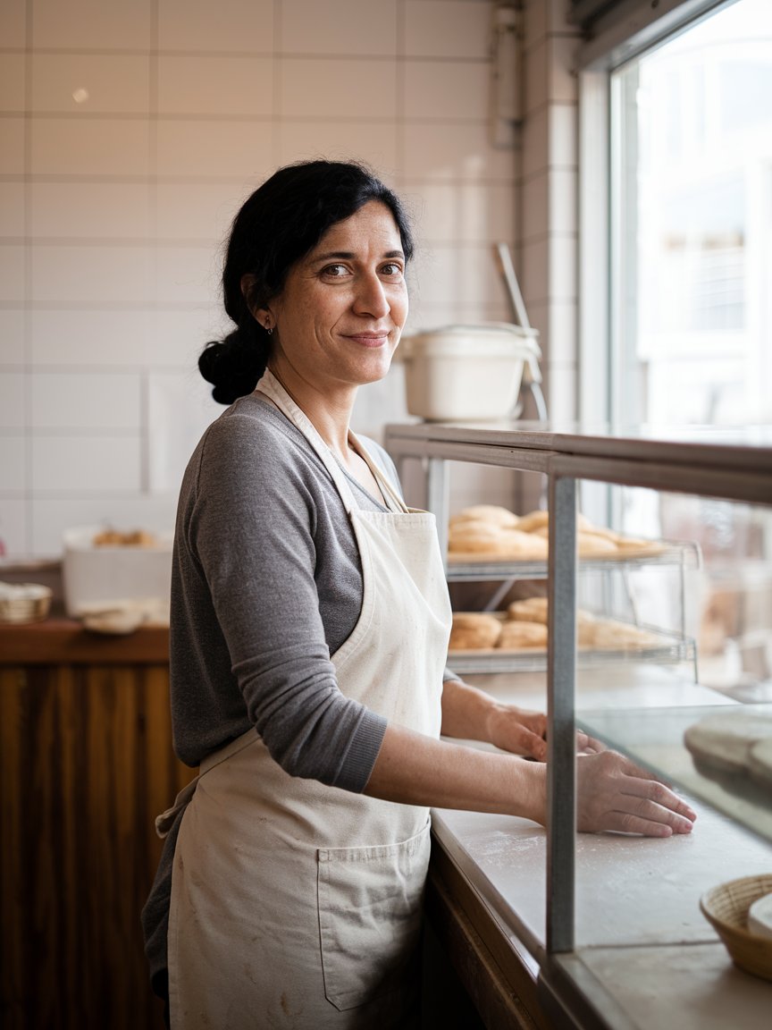 Belen, a warm Argentine baker behind the counter holding a tray of fresh empanadas