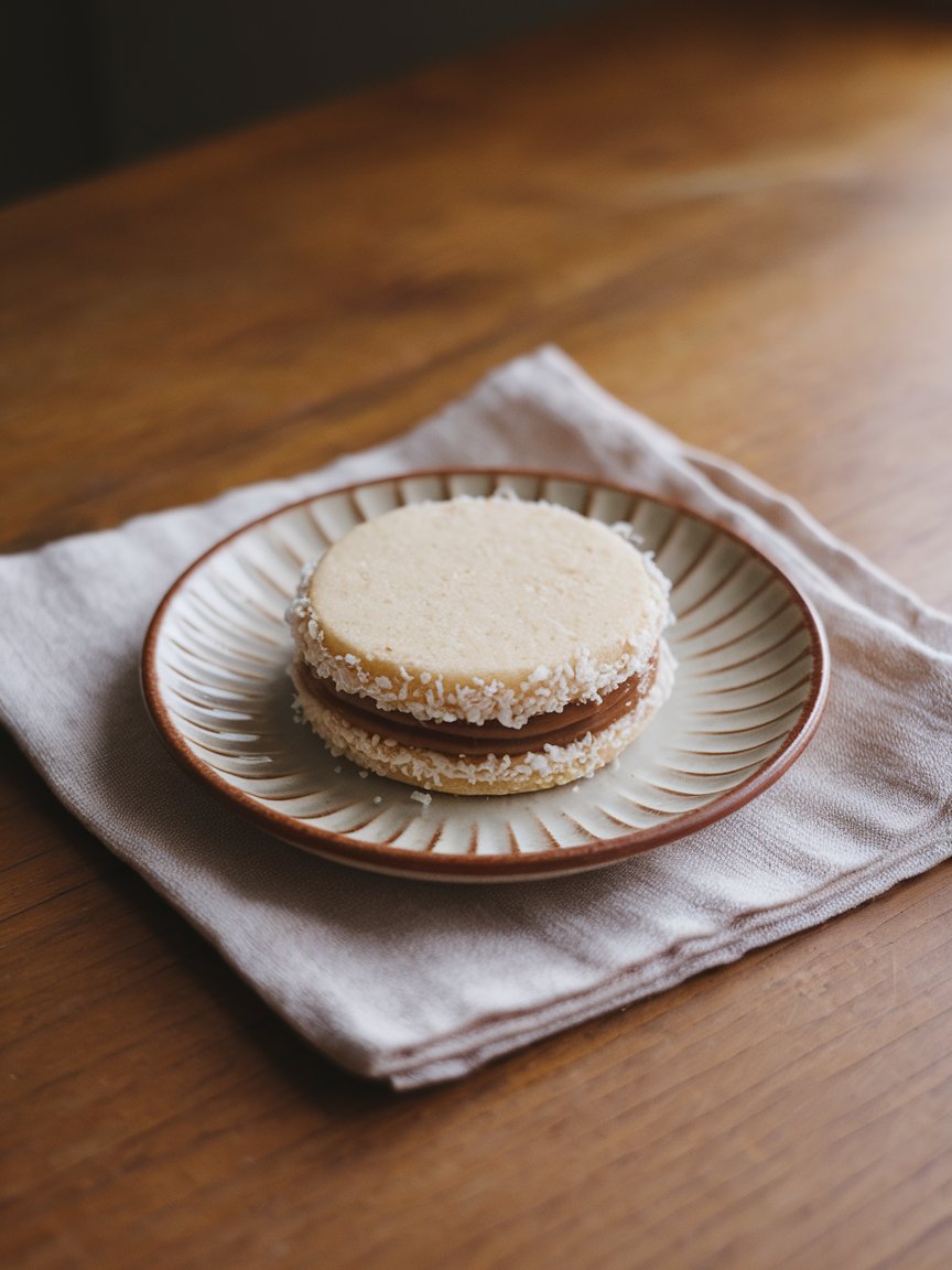 Traditional Argentine alfajor cookie with dulce de leche filling on a rustic plate