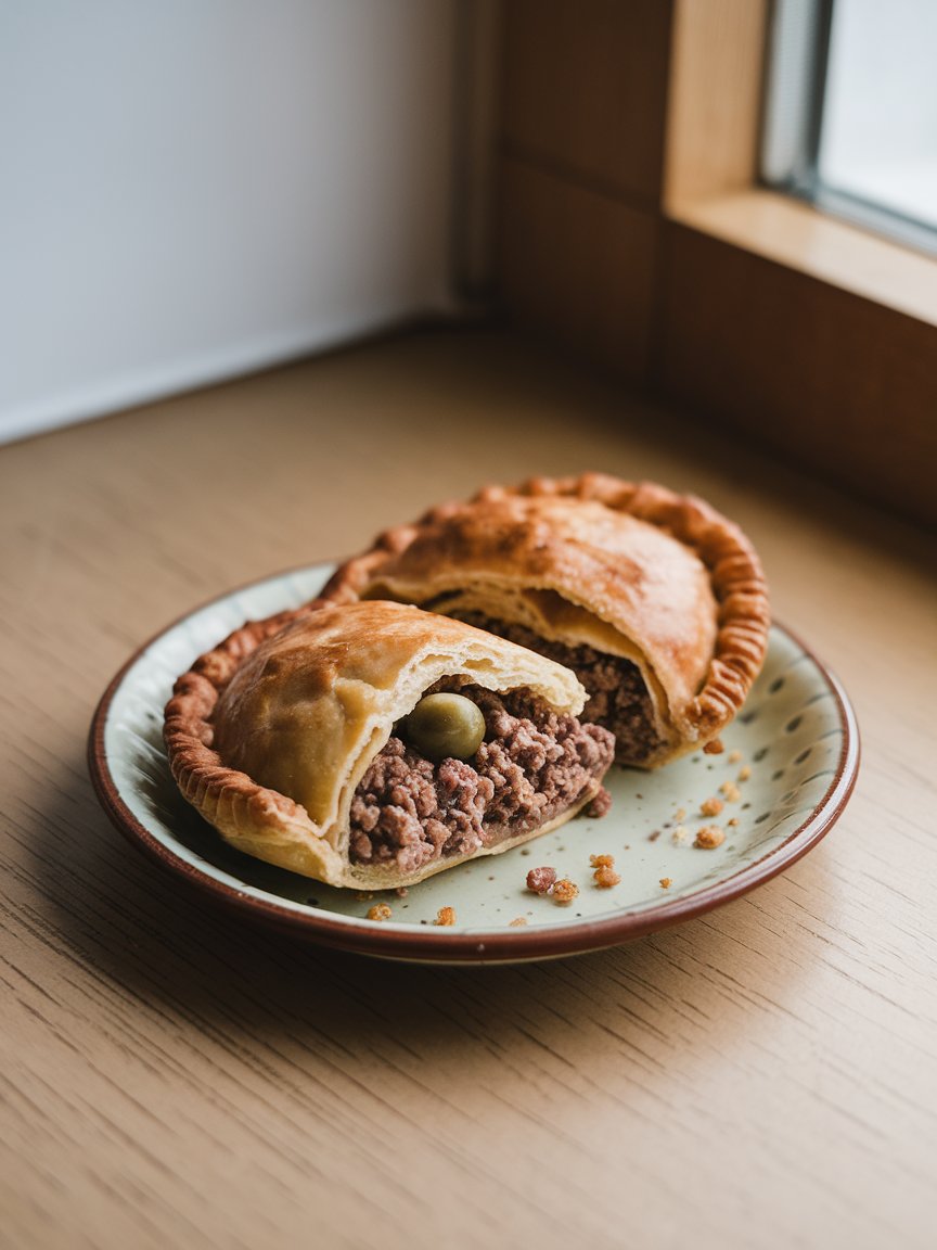 Golden Argentine beef empanada with hand-crimped edge on a linen napkin