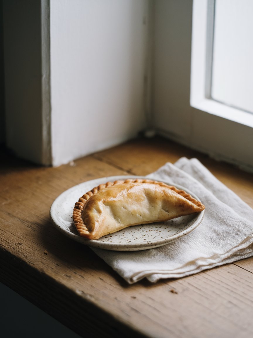 Argentine chicken and cheese empanada on a ceramic plate with melted cheese showing at the seam
