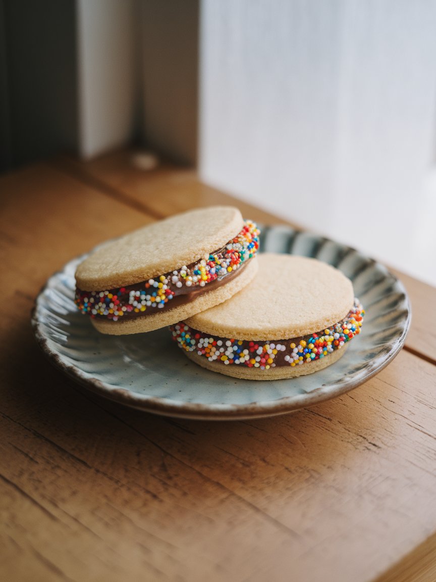 Havanette sandwich cookie with dulce de leche filling and rainbow sprinkles