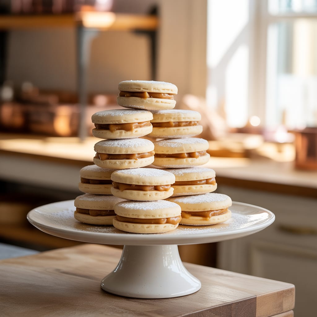 Tall stack of alfajores dusted with powdered sugar on a cake stand