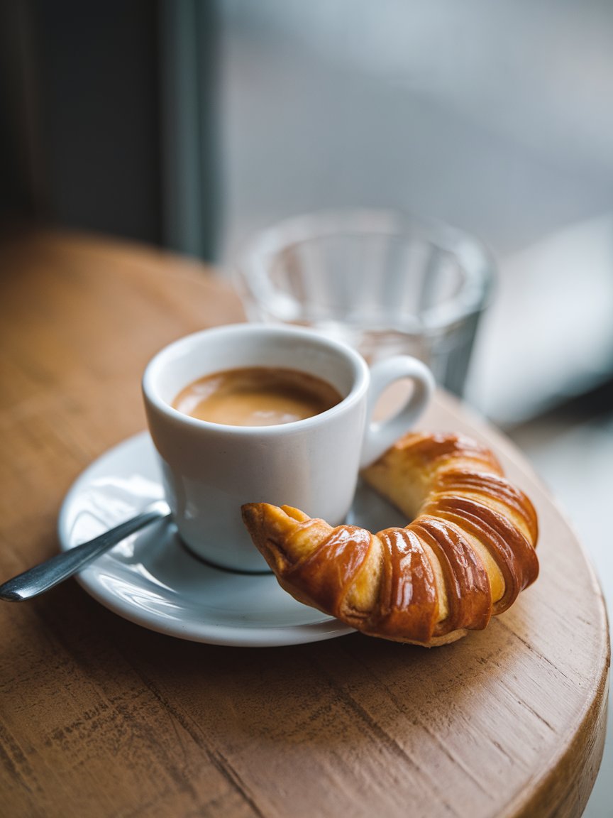Espresso and medialuna on a wooden table in morning light