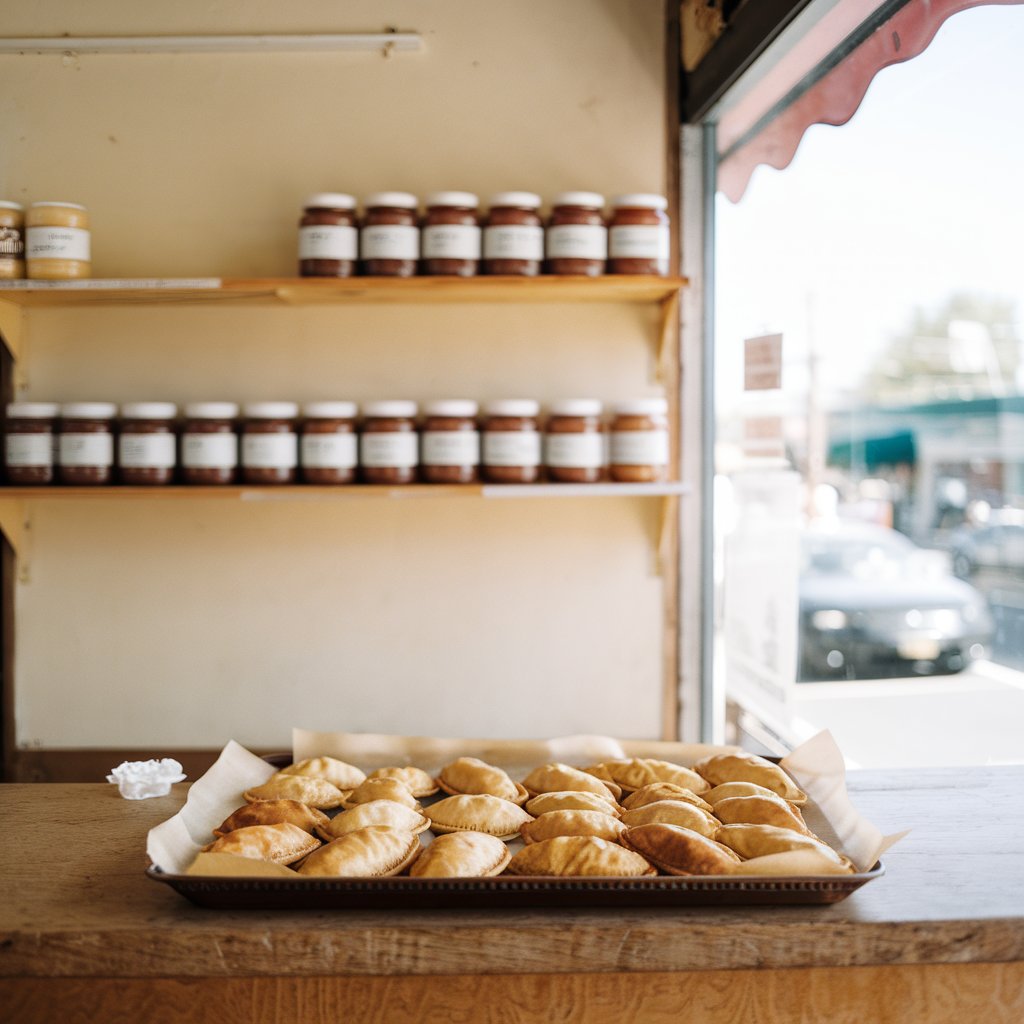 Wooden counter and pastry case stocked with empanadas and alfajores