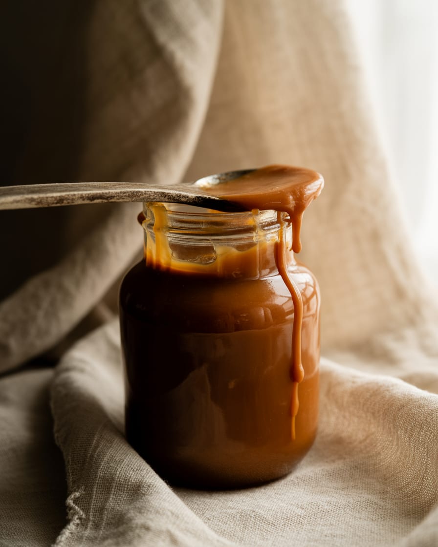 Glass jar of thick homemade dulce de leche with a wooden spoon