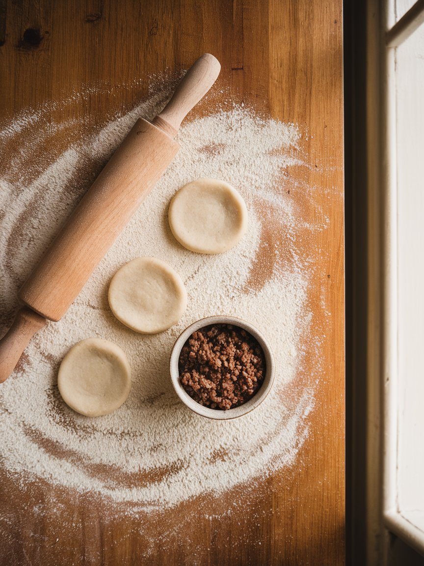 Hands crimping the edge of a raw empanada in the traditional repulgue fold