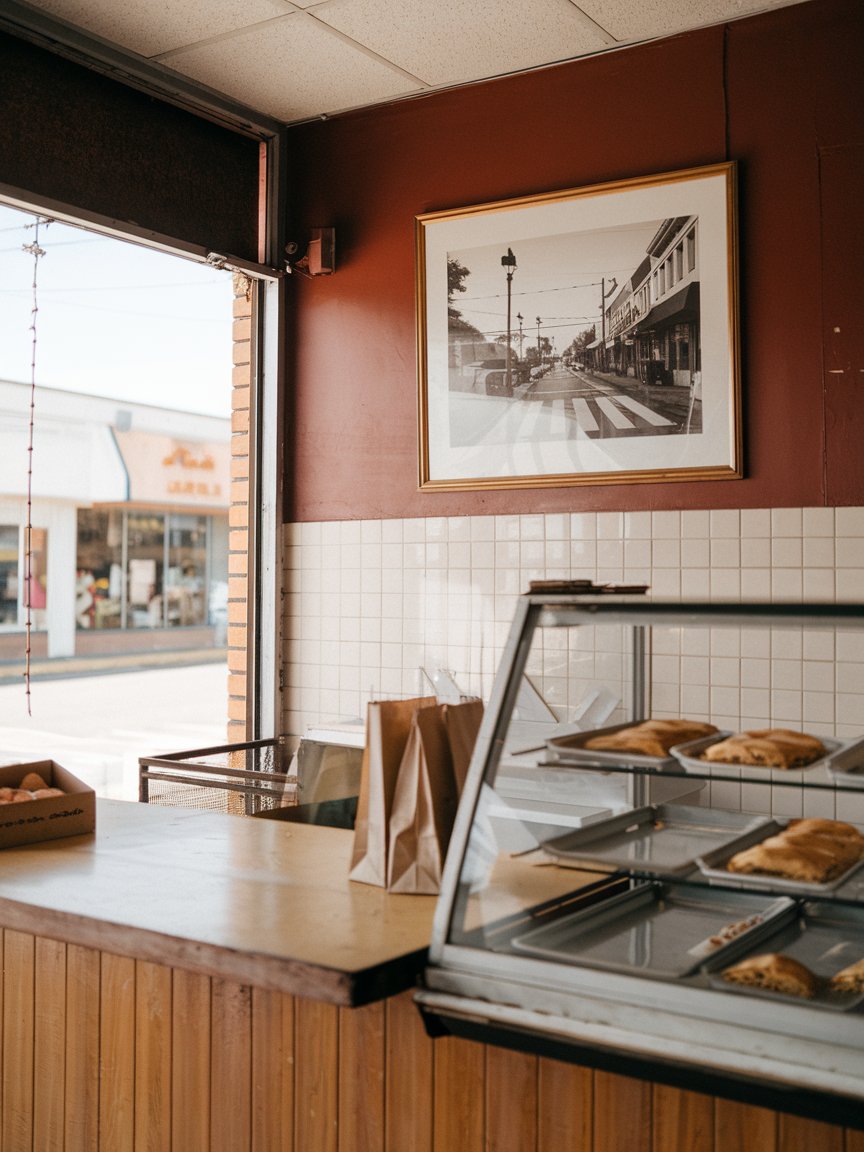 Warm interior of the bakery with wooden tables and pastry case