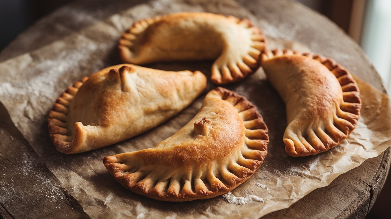 Golden Argentine empanadas fresh from the oven, hand-crimped edges in warm light
