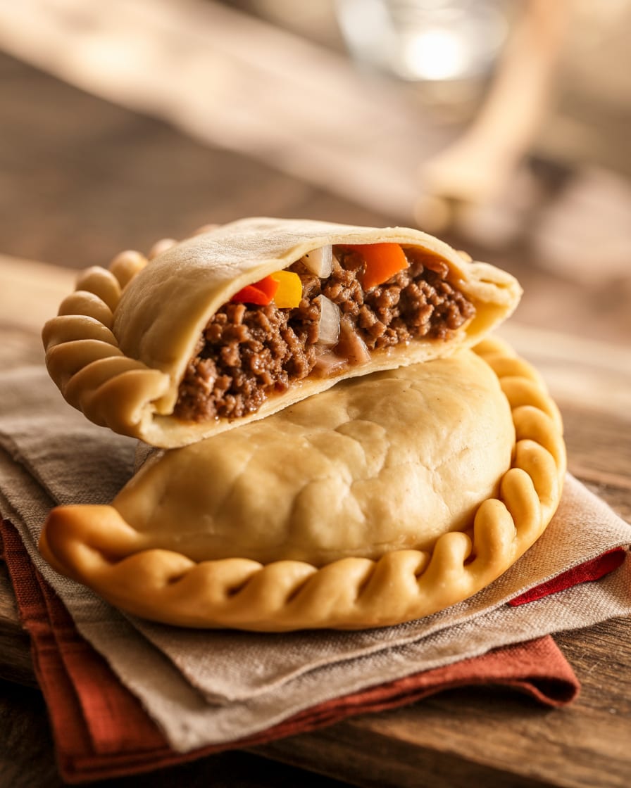 Golden hand-folded beef empanada with a crimped edge on a linen-lined plate