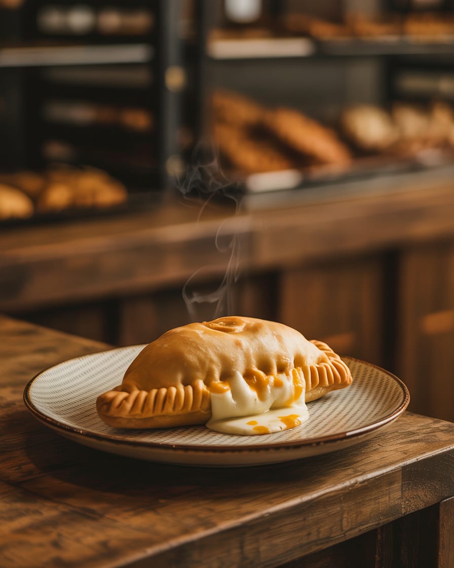 Hand-folded chicken and cheese empanada with golden crust and melted cheese visible