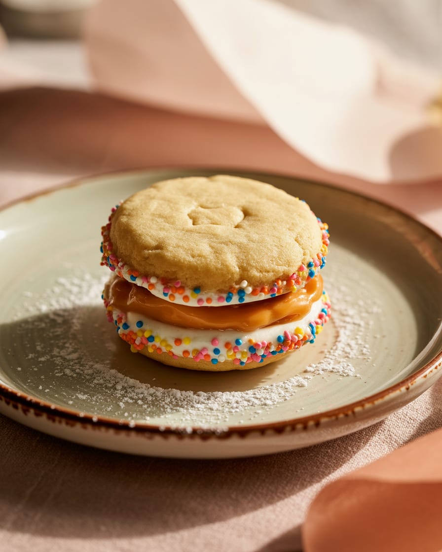 Havanette cookie sandwich with dulce de leche filling, rolled in colorful sprinkles