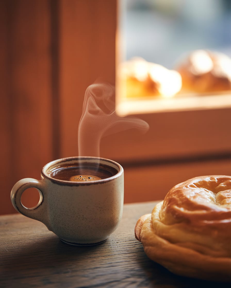 Espresso and a medialuna on a ceramic plate