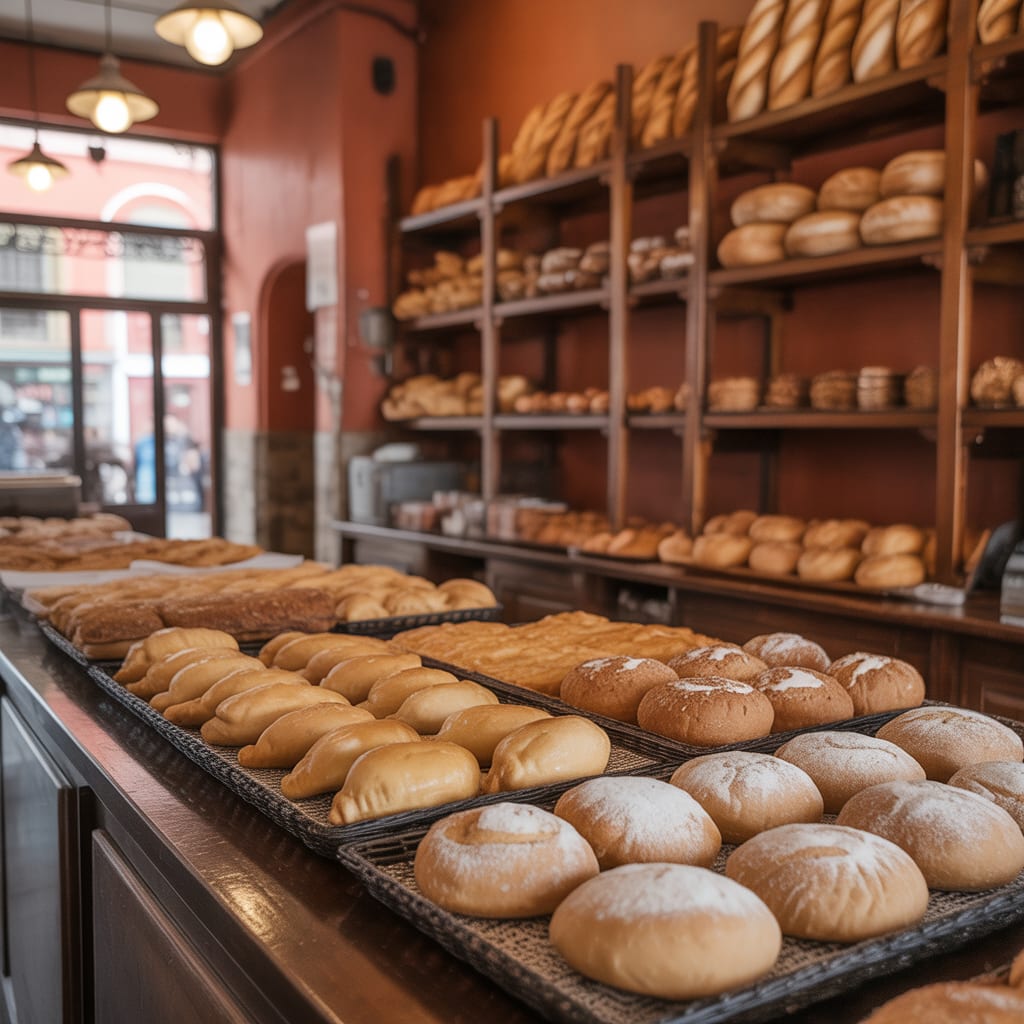 Wood counter and pastry case stocked with empanadas and alfajores