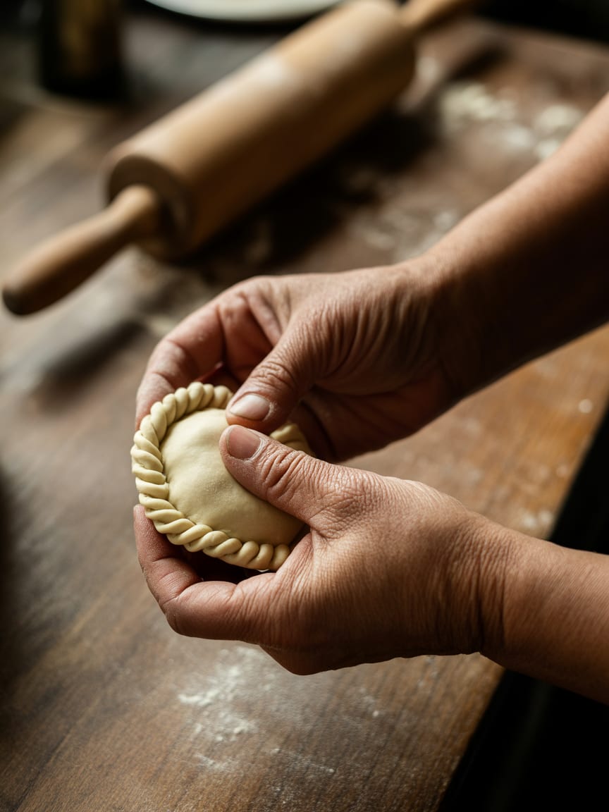 Hands crimping the edge of a freshly filled empanada