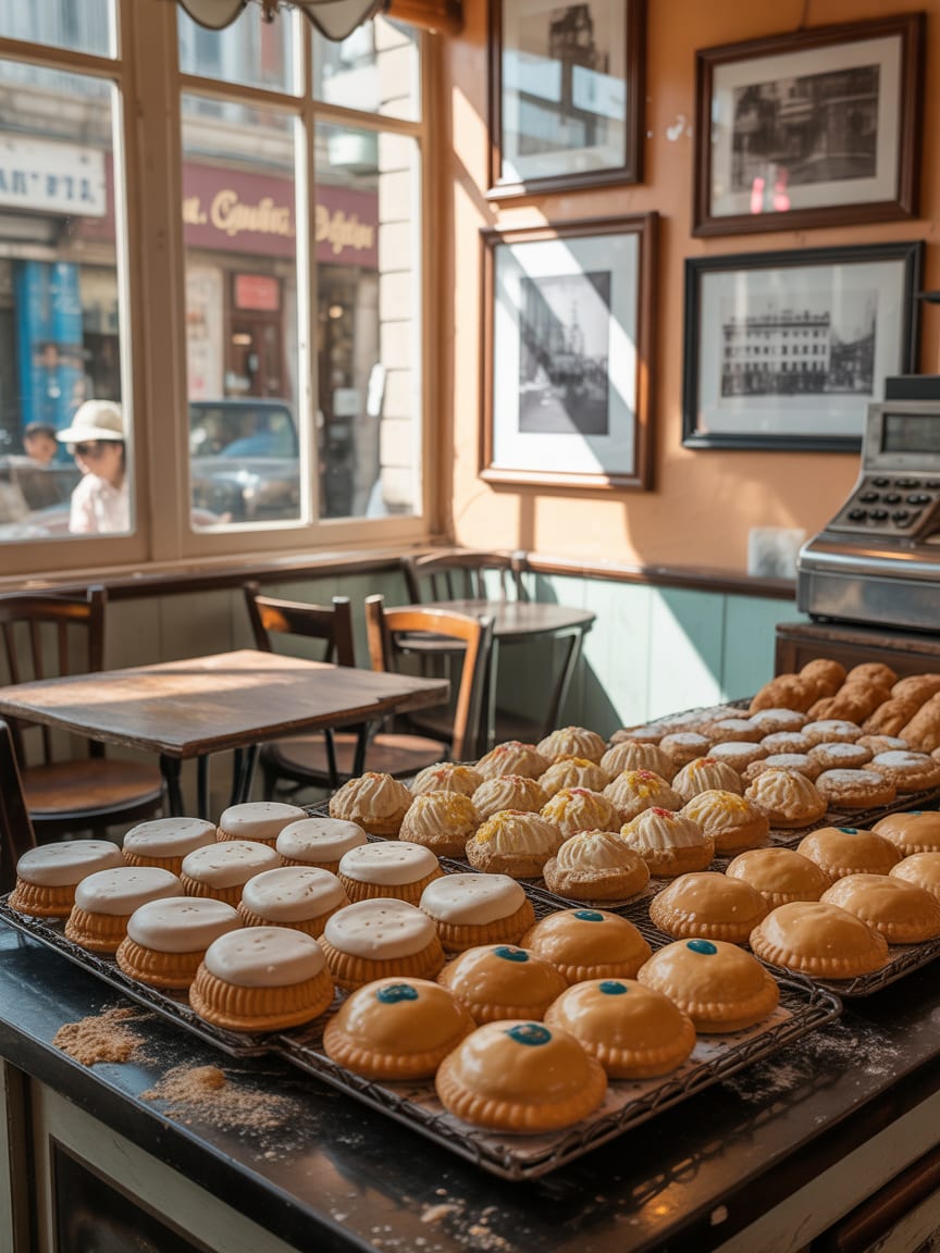 Warm bakery interior with wooden tables and pendant lights