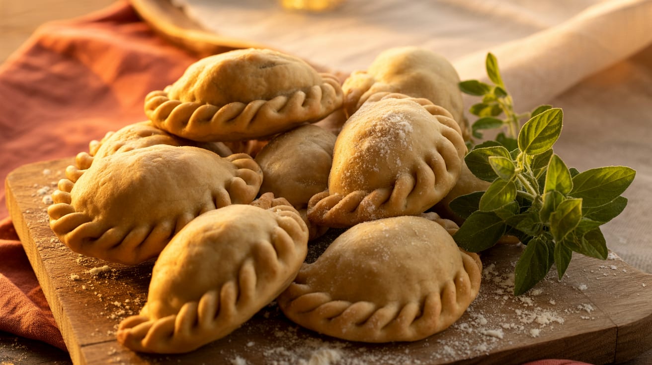 Golden hand-folded Argentine empanadas on a rustic wooden board with flour and herbs